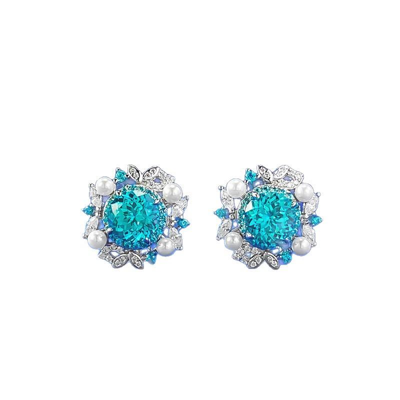 One Carat Paraiba Blue Jacaranda Flower Pearl Stud Earrings Light Luxury