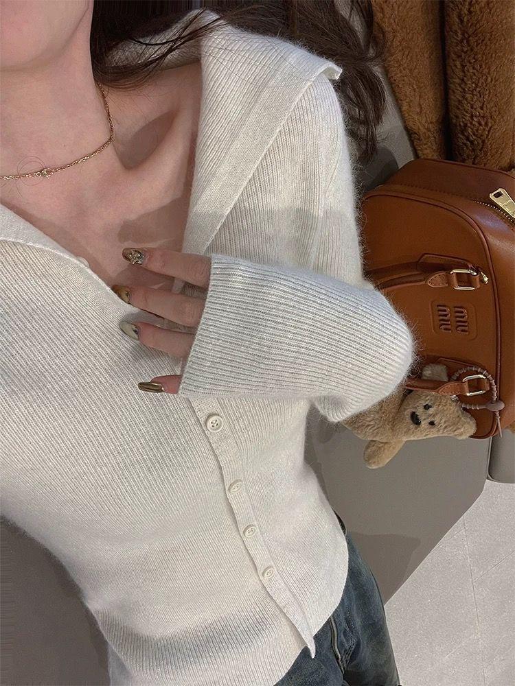 Women's French Style Red Knit Cardigan: Short, Long Sleeve, High-End Look for Spring and Autumn