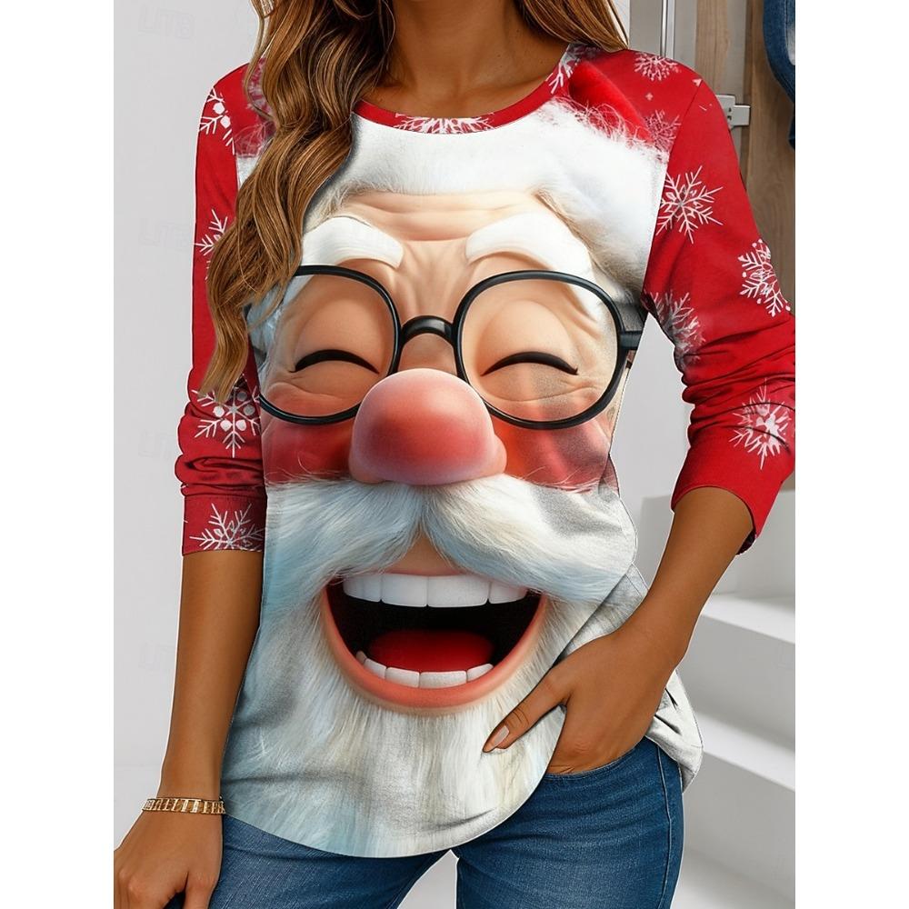 Women's Santa Claus Printed Christmas Theme Crew Neck Long Sleeve T-shirt Casual Comfortable Polyester Christmas Party Pullover