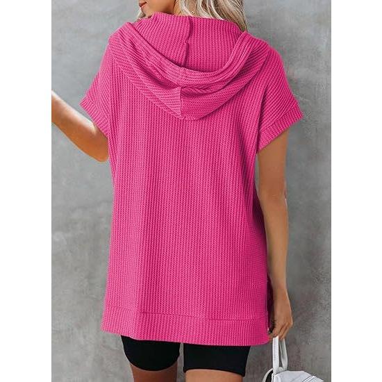 GMXIA Summer Drawstring Hoodie Waffle Knit Side Slit Belt Pocket T