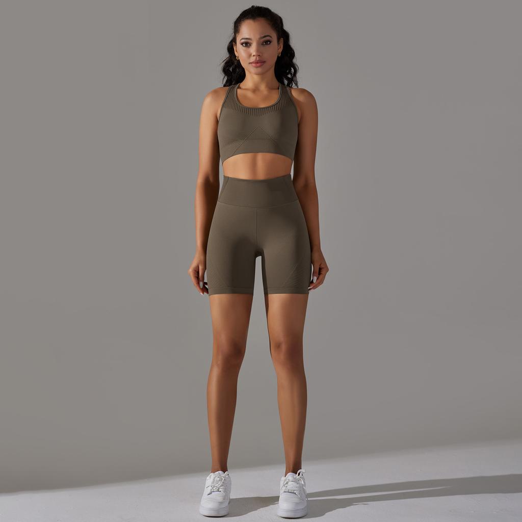 Nahtlose Jacquard-Strick-Yoga-Kleidung für Damen, Sport-Rücken-BH, Hohe Taille, Hüftlift, Enge Shorts, Fitness-Set für Damen