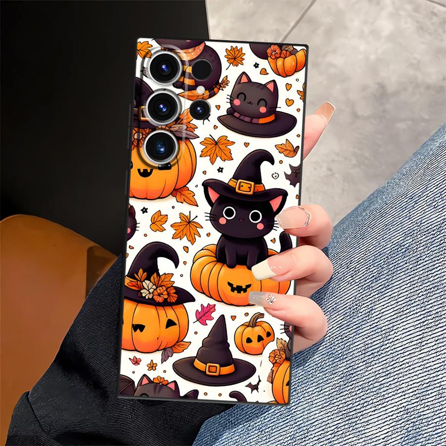 Case for Samsung Galaxy S20 S25 Edge S21 FE S24 Plus S23 Ultra Black Soft Phone Cover Pumpkin Cat