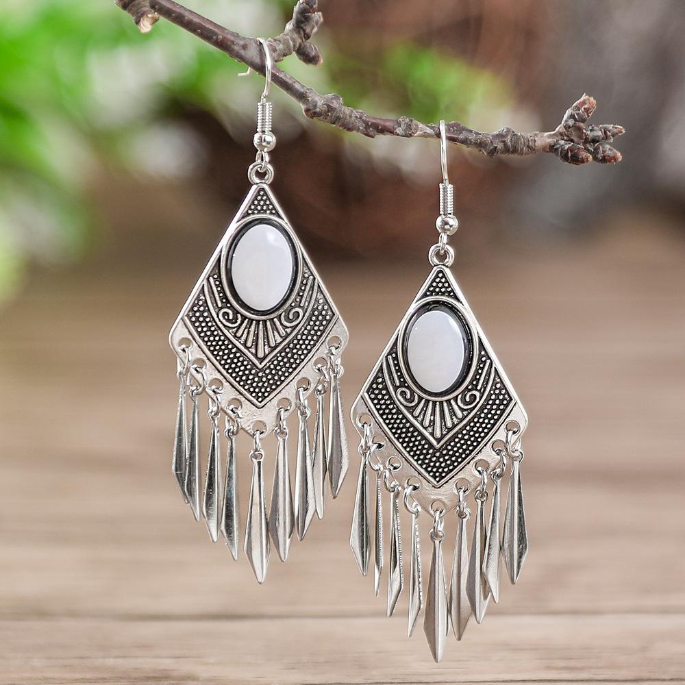 Горячая Распродажа, Модные Ромбовидные Серьги Женские, Креативные Винтажные Серьги с Бирюзой, Серьги с Бахромой белый