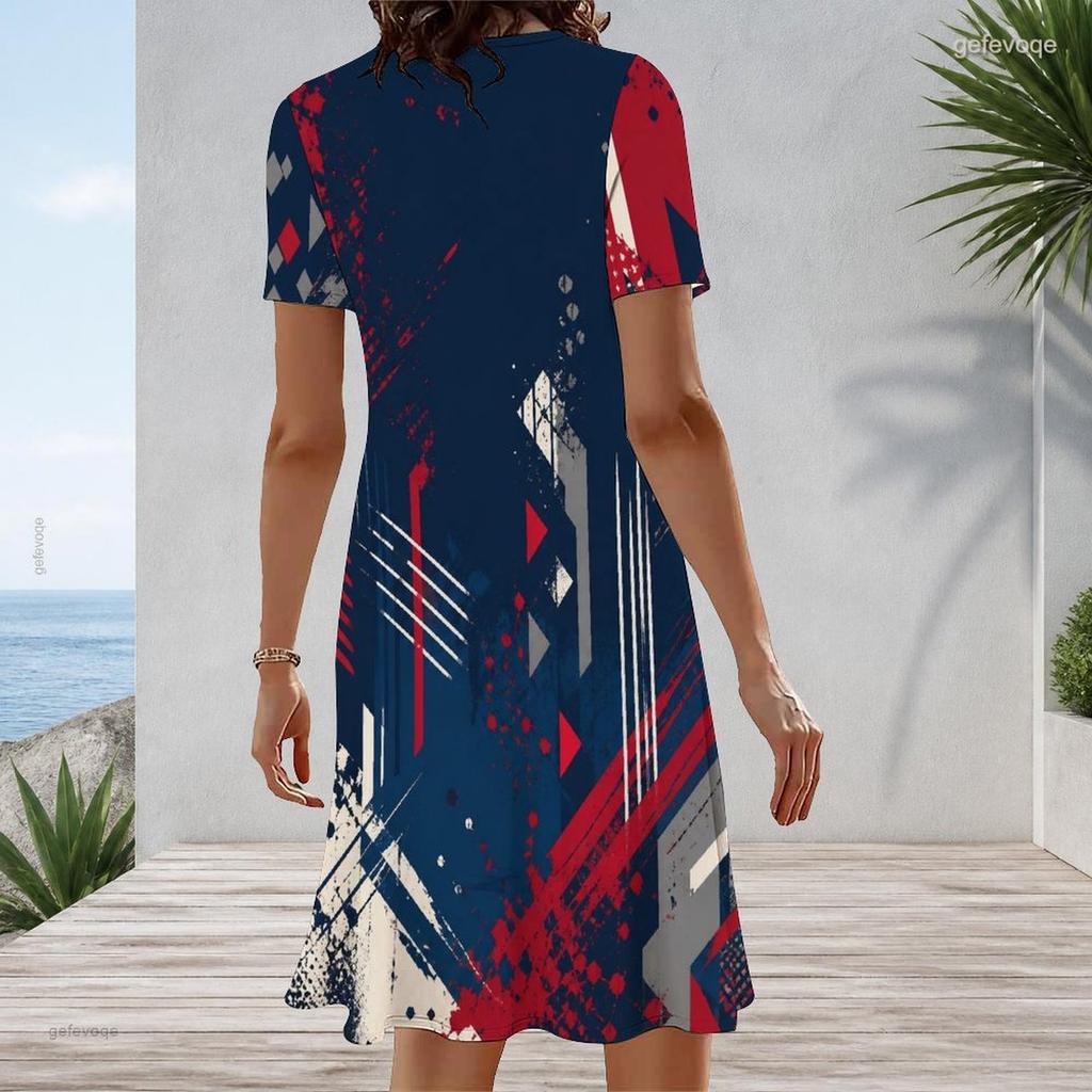 Women Plus Size Round Neck Short Sleeve Printed A Line Flared Hem Dress