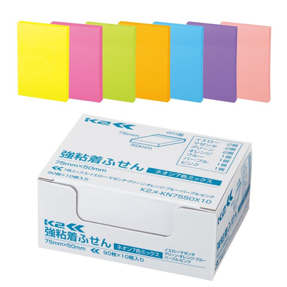 KOKUYO Sticky Strong 75mm X Neon 90 Sheets X 10 7 Notes, Adhesive, K2, 50mm, Colors, Packs, Colors, K2ME-KN7550X10