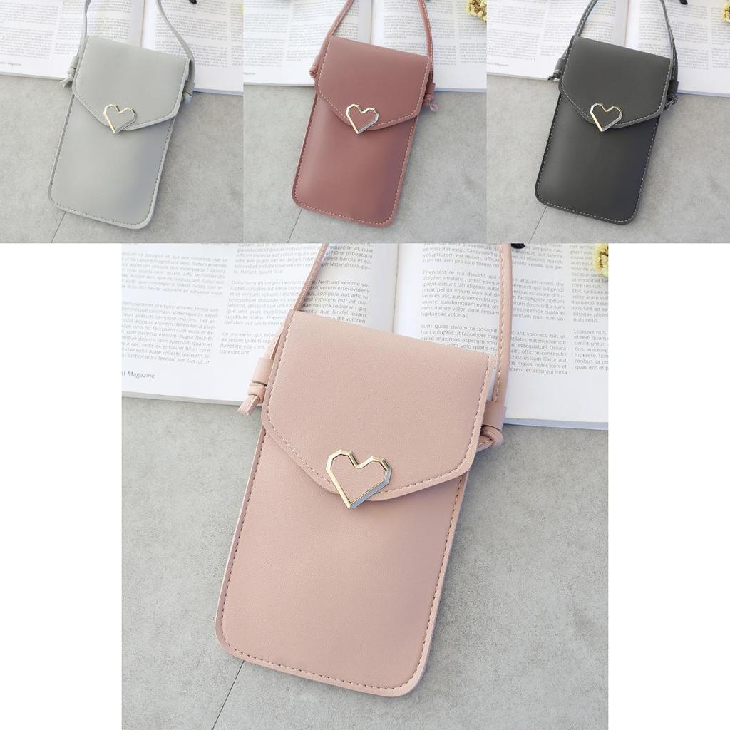 Stylish Women Simple Pu Leather Heart-shaped Decor Transparent Touch-screen Mobile Phone Bag