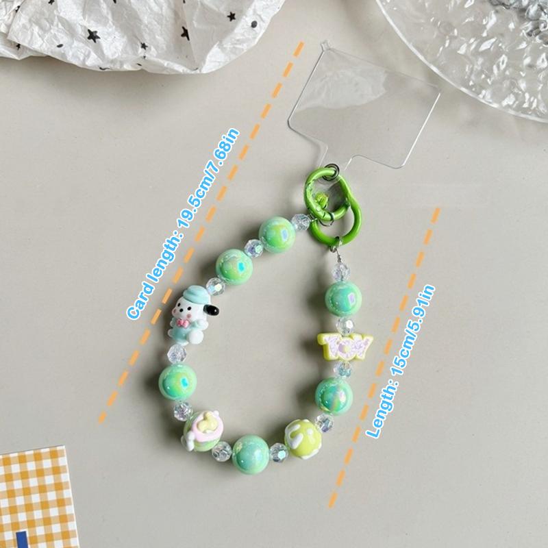 Sanrio Beads Phone Pendant Hello Kitty Kuromi Melody Keychain Wrist Strap Bag Decor Car Keyring W/Card