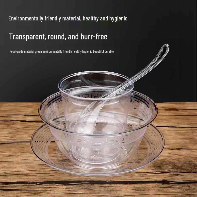 Disposable Crystal Bowl & Chopsticks Set: Durable Plastic, Food-Grade, Ideal for Soup & Rice, 4-Piece Aviation Cutlery Set.