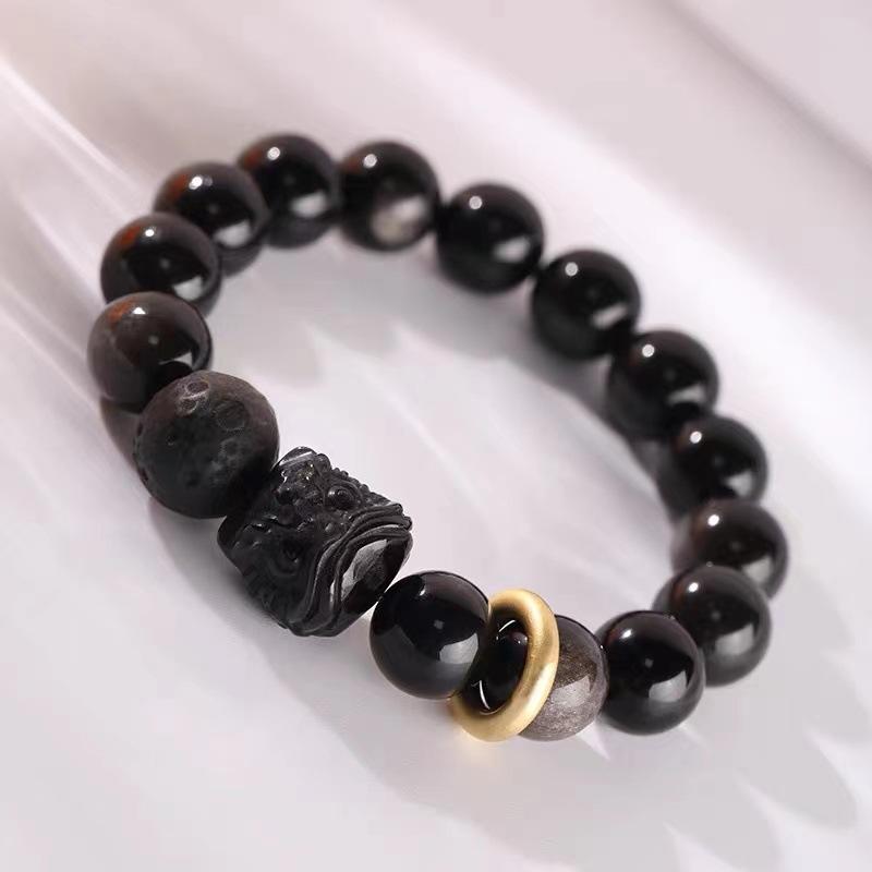 

Obsidian Lion Awakening Bracelet, Silver Obsidian Meteorite Bracelet, Valentine s Day Gift, Zodiac Couple s Jewelry