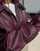 Women's Retro Burgundy Leather Motorcycle Jacket, 2024 Autumn European & American Fashion Matte Coat