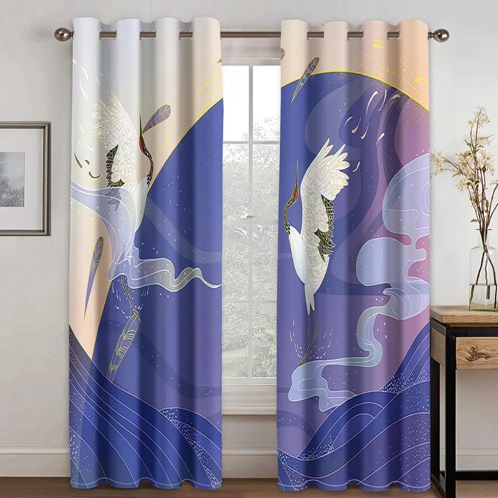Red Blue Japanese Design Style Crane Wave Mountain Sun Printed Design High Sun Shading Drape Bed Chamber Living Room Hospitality Venue Window Drape