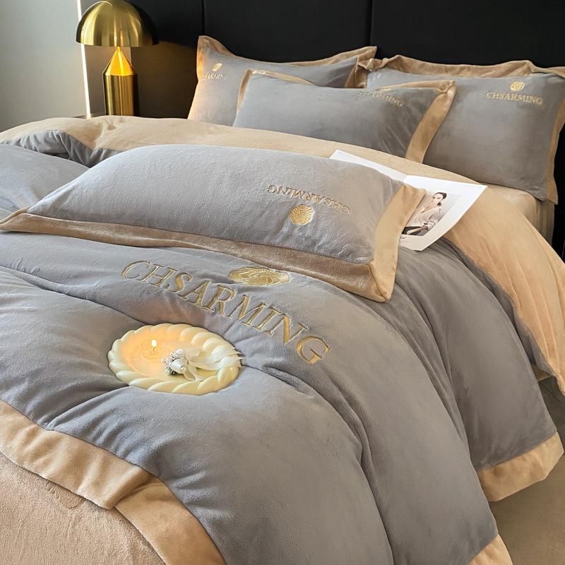 Matte Velvet 4-Piece Set: Non-Static, Solid Color, Wide-Edge Embroidery, Autumn/Winter Plus Velvet Fitted Sheet.