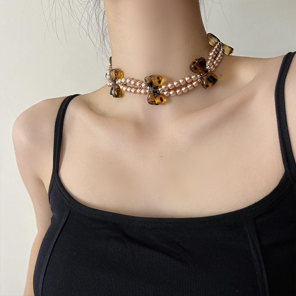 Leopard Print Bow Double Layered Necklace Imitation Pearl Resin Bow Hottie Y2K Retro Design Collarbone Chain Women's Jewelry