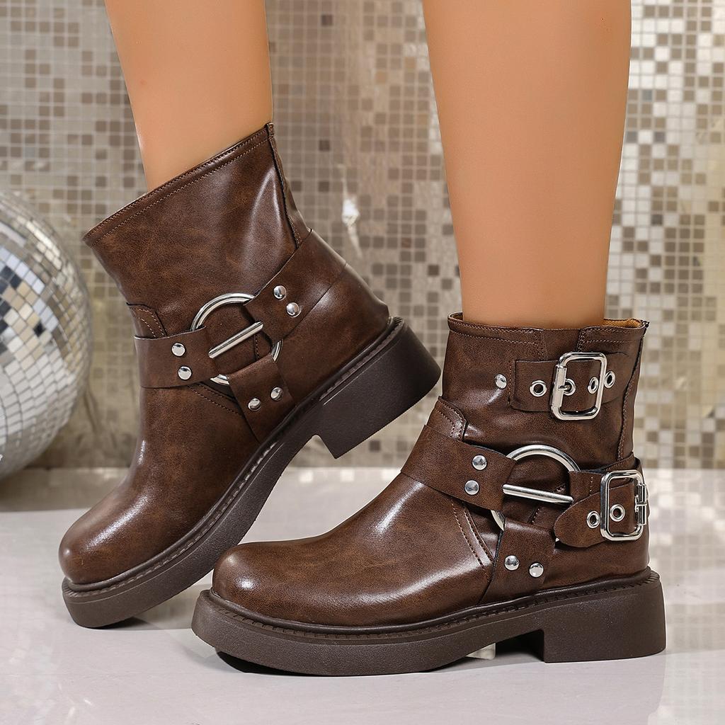 Punk Metal Belt Buckle Decoration Ankle Boots Women 2025 Autumn Medium Heel Slip On Western Booties Bohemia Brown Riding Boots