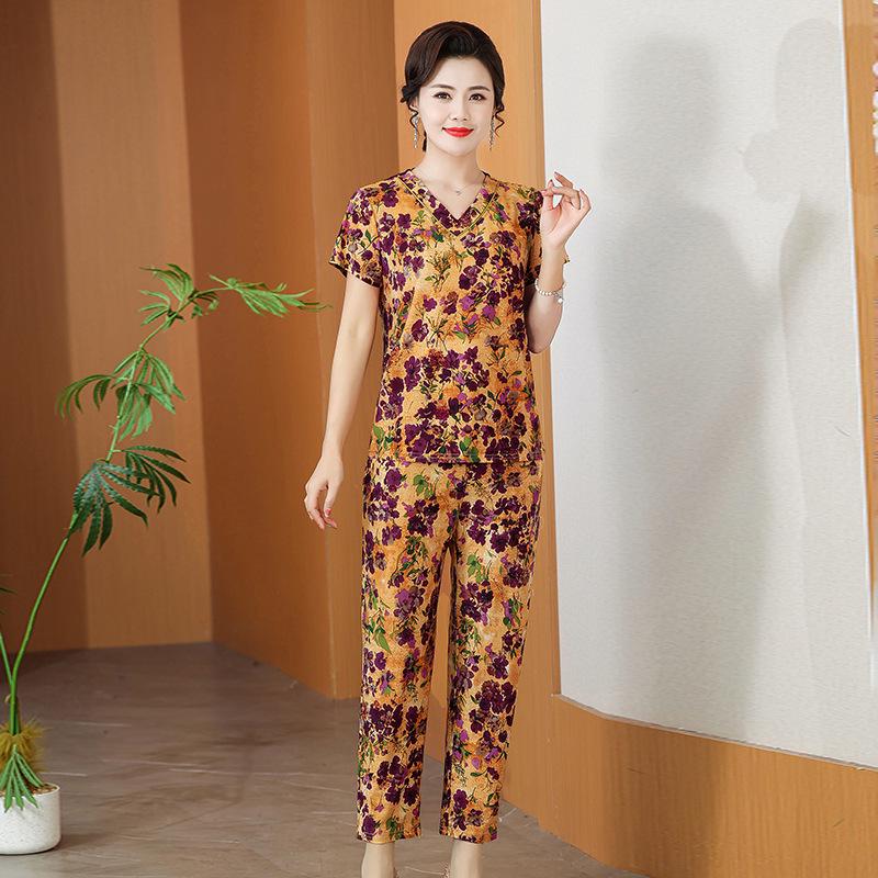 

Summer Printed Short-Sleeve T-shirt and Loose Pants Set for Middle-Aged and Elderly Mothers 5XL (145-160 jin)
