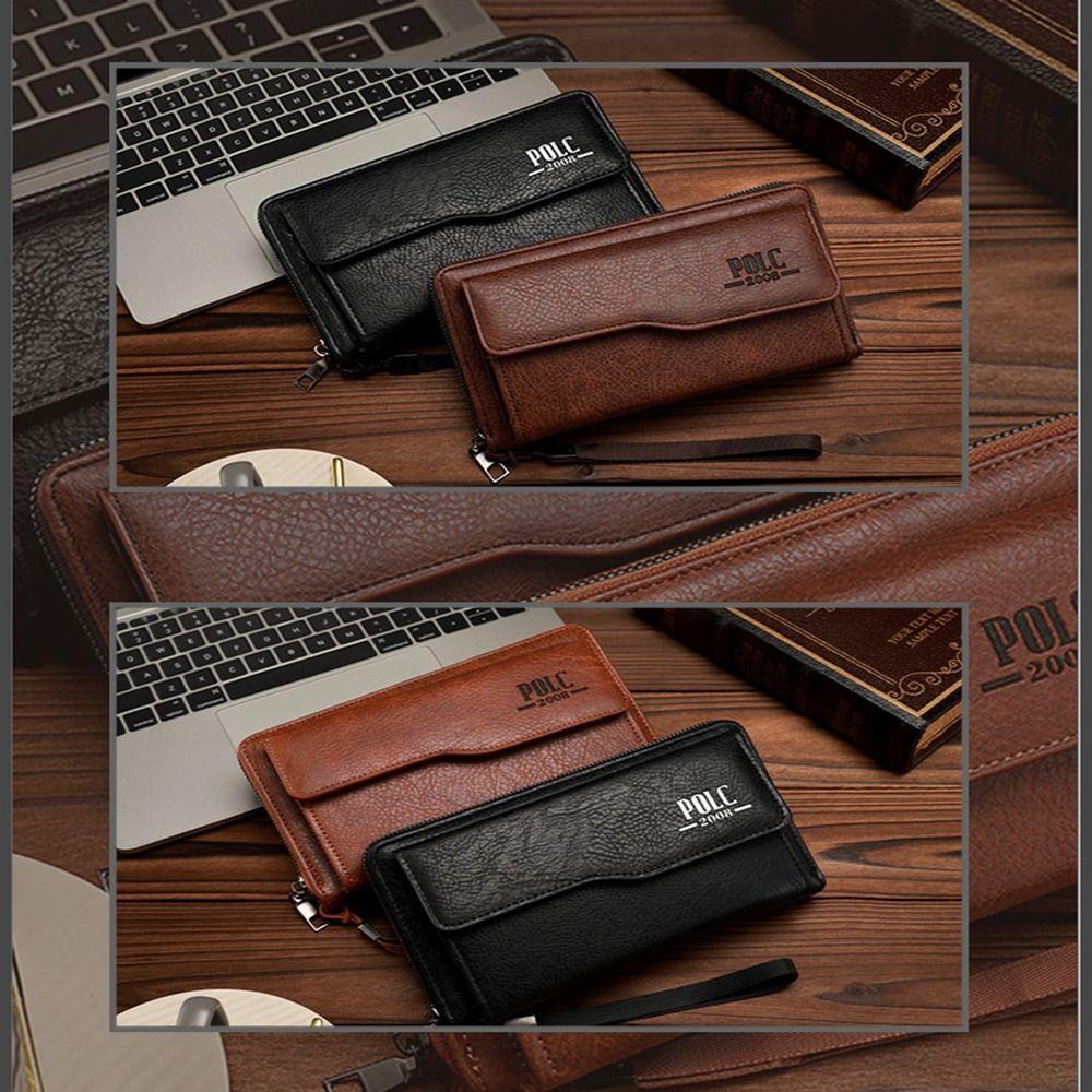 Leather 2 Fold Purse Large Capacity Men's Hand Bag Casual Men's Long Wallet  Outdoor