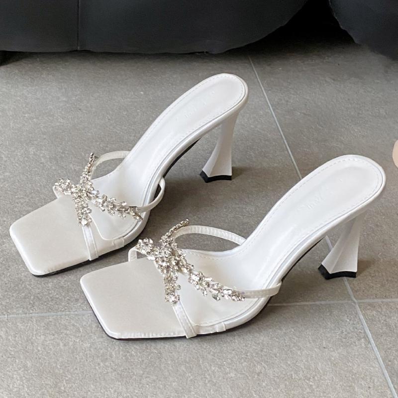 

Fashion Elegant Cross Tied Rhinestone Design Brand Slipper Women High Quality Satin Square Toe Slide Sandal Scarpe Donna Tacco Alto Sexi 40 белый