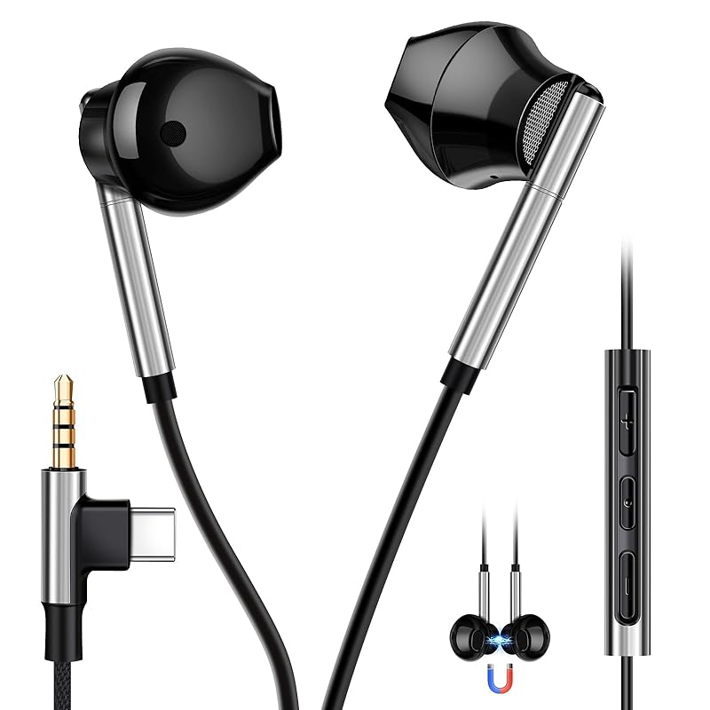

[New design] 2in1 3.5mm & Type C earphones wired magnetic design Entanglement prevention with microphone With remote control Supports hands-free