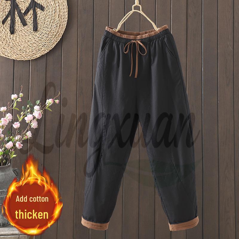

2026 Women s Winter Warm Bootcut Pants with Contrasting Laces - Solid Color, Padded, Slim Fit, Cotton Harem Trousers 2XL чёрный