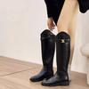 Korean Version of Cowhide Oblique Arc De Triomphe Buckle with Thick Heel Tall Knight Boots Autumn and Winter