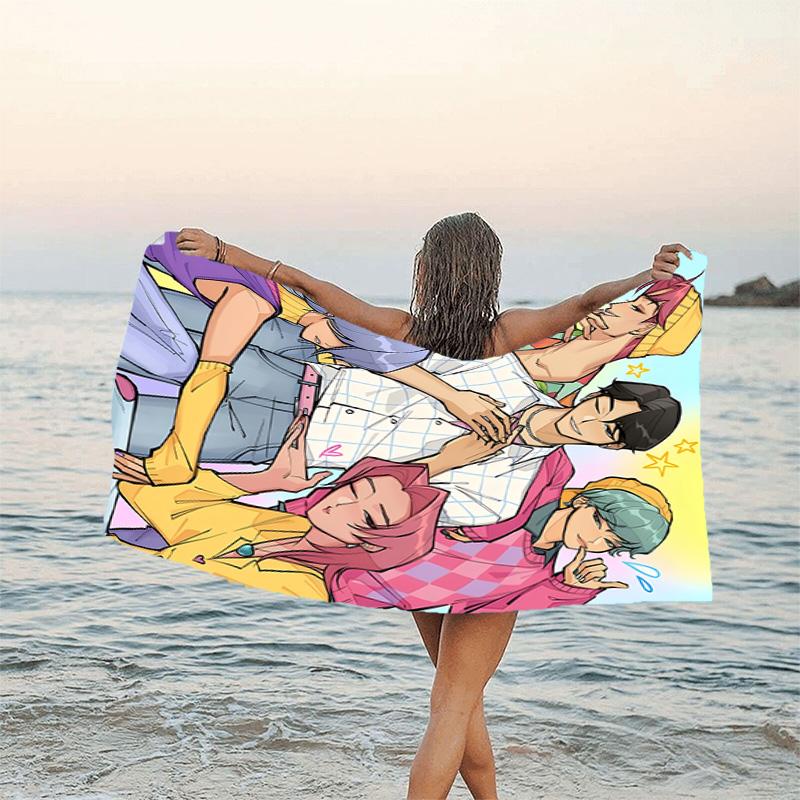 1pc KPop Demon Hunters SAJA BOYS1 Beach Towel, Beach and Seaside Swimming Pool Equipment, Fashion Pattern, Rectangular, Travel Essentials