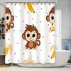 Adorable Monkey Pattern Shower Curtain White Background with Brown Monkeys and Yellow Bananas for Kids Bath Decorations.