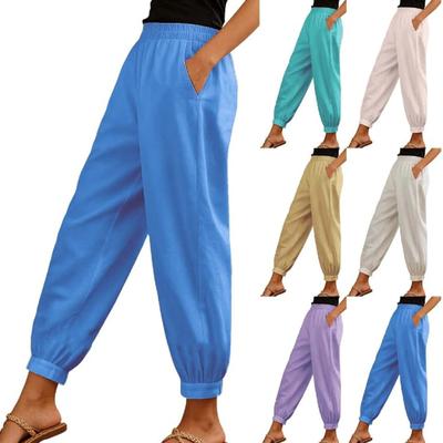 Women's Fashionable Color High Waisted  Pocket Cotton Linen Daily Casual Pants