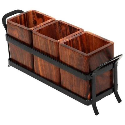 Wood and Wrought Iron Holder for Dining Table, Multipurpose Stand, Table Organizer with 3 Wooden Jar