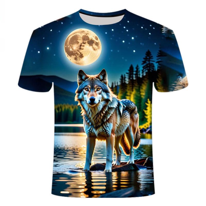 2024 Summer New 3D Printed Short Sleeve High Cold Fierce Lonely Wolf Series Men's and Women's Round Neck T-shirt