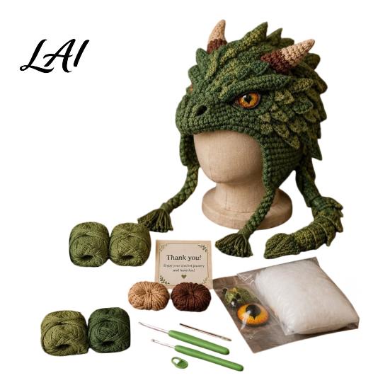 Süßes Tierhut Muster Häkelset Fantasy Kapuze DIY Schritt für Schritt Anleitung Einhorn Fuchs Frosch Ohrenklappen Bastelset für Erwachsene Jugendliche Anfängerfreundlich Garn Kunst Tyrannosaurus Rex
