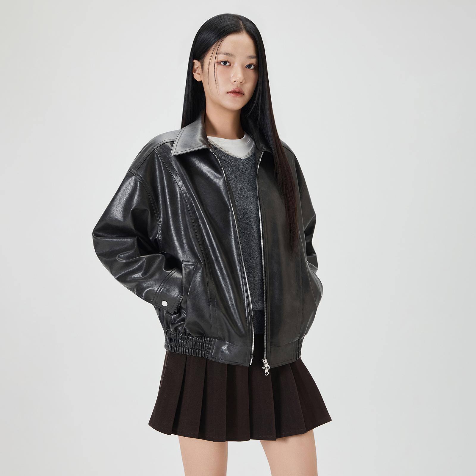 

Fake Leather Oversized Blue Bomber Jacket L