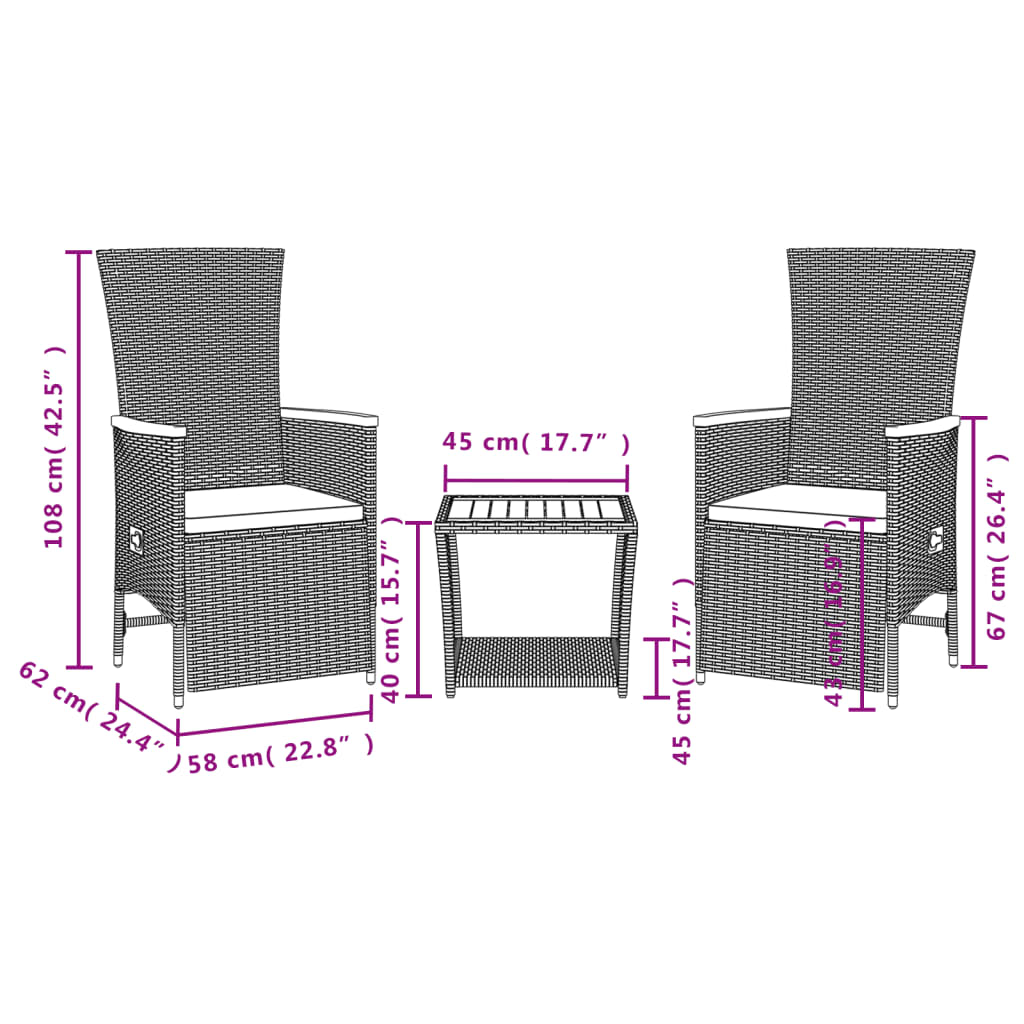 Vidaxl 3-Cz. Garden Furniture Set With Cushions, Black, PE Rattan