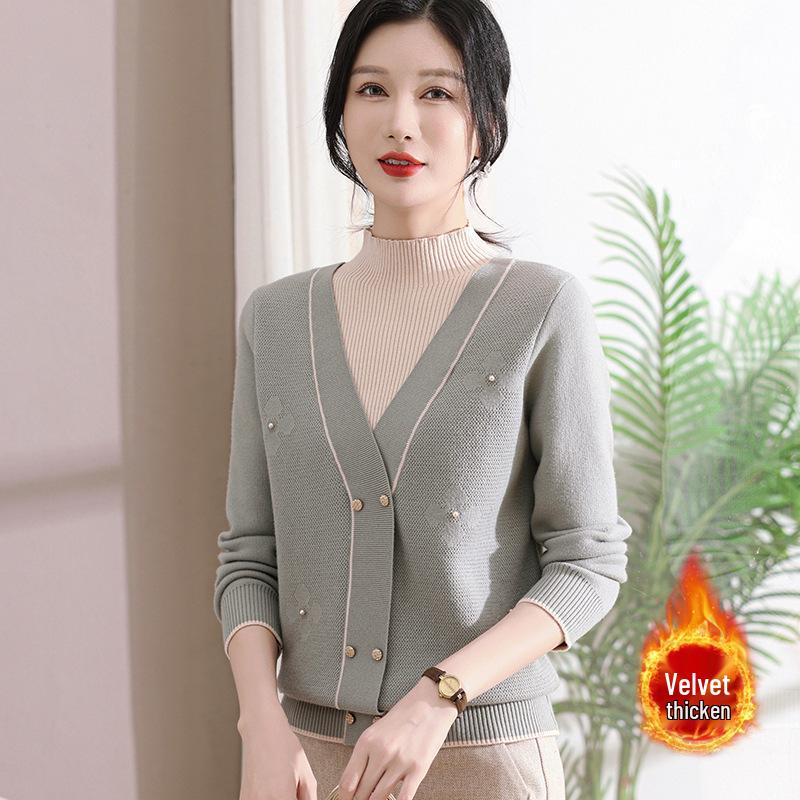 2024 Stylish Wine Red Sweater Top for Middle-aged Women, Plus Velvet, Faux Two-piece Winter Layer