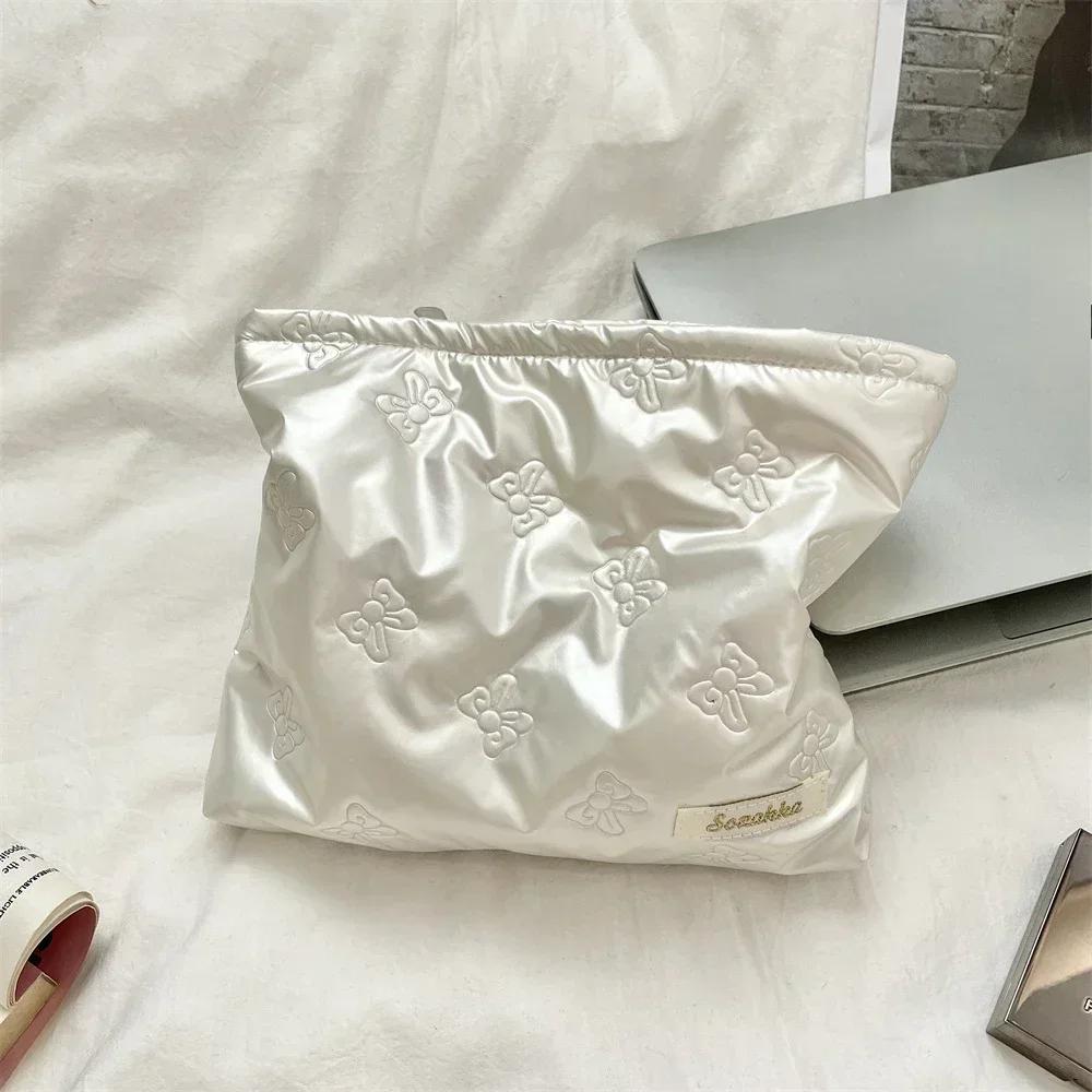 Korean Quilted PU Love Bow Cosmetic Bag Skincare Products Pouch Inner Pocket Multi-function Makeup Lipstick Storage Bag Handbag