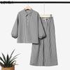 VONDA Womens Casual Striped Two Piece Outfits Long Sleeve Buttons Shirt and Drawstring Wide Leg Pants Loungewear Sets