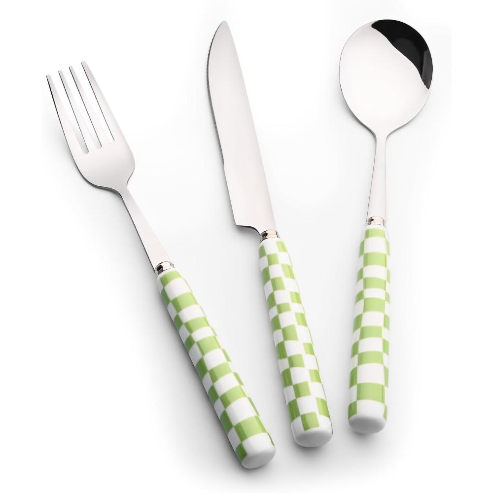 

3-Piece Cutlery Set, Stainless Steel Flatware Sets with Checkerboard Pattern Ceramic Handle Utensils Including Knife Fork Spoon зелёный
