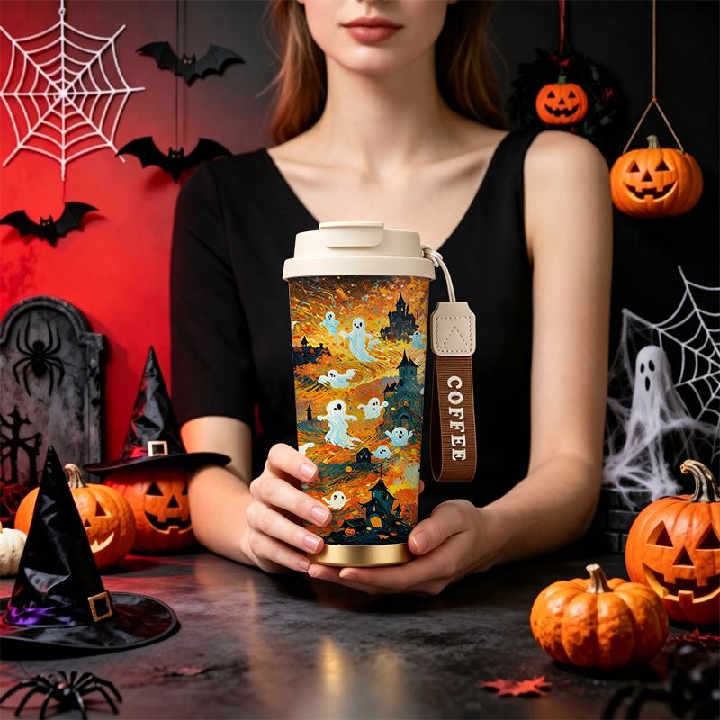 532ml Coffee Cup Halloween Group Ghost Pumpkin Castle Field MotifMetal Travel Cup Car Portable Cup Holiday Creative Cup 532ml Coffee Cup