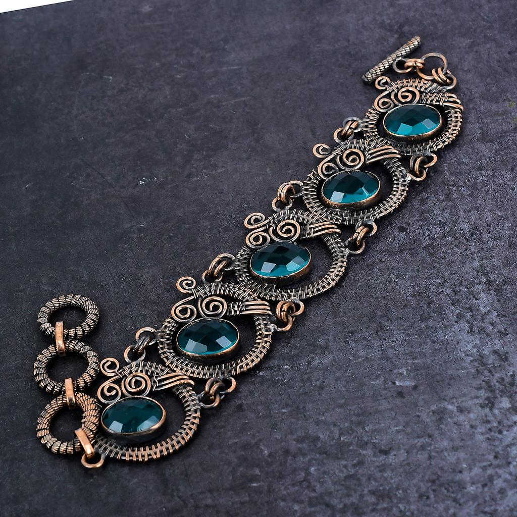 Iolite Quartz Gemstone Handmade Copper Wire Wrap Bracelet 7-8" D9B01