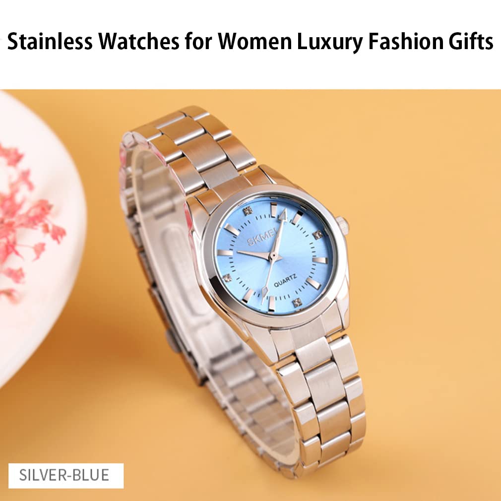 Watch Fashionable Silver Stainless Steel Waterproof Business Classic Arm Watch Ladies Analog Quartz Brand Casual Simple Watch Luxury Gift Blue Watch