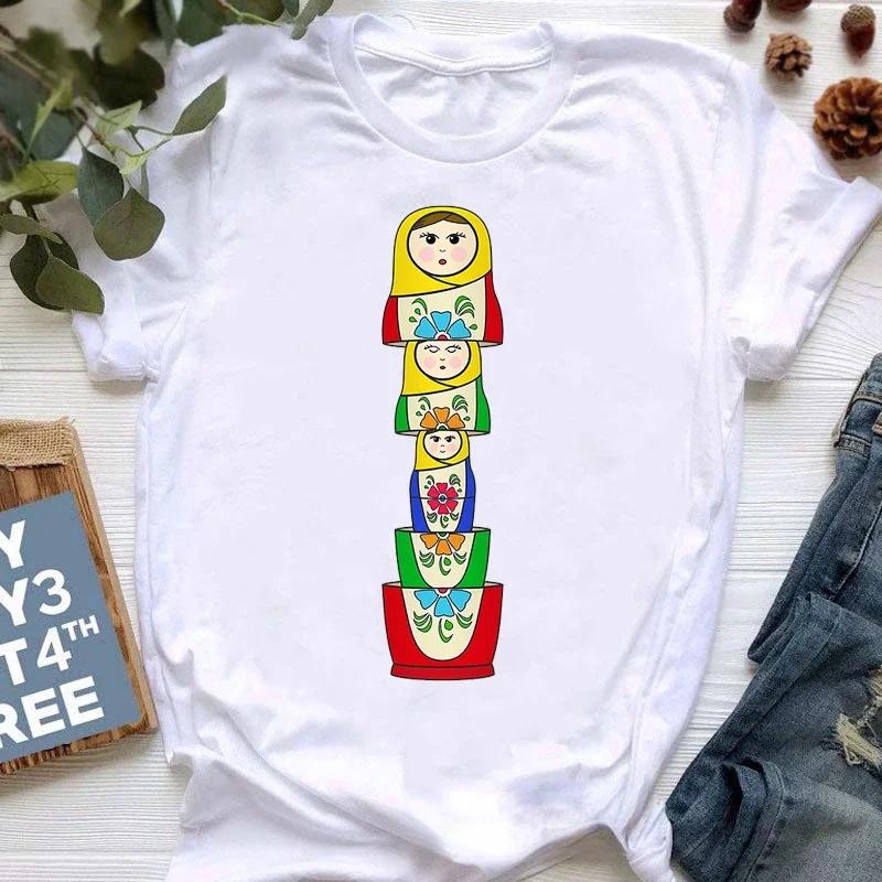 Matryoshka Doll T Shirt 2023 Funny Summer Fashion Tshirt Russian Doll T-Shirt Women White Casual T Shirt Female Harajuku Shirt