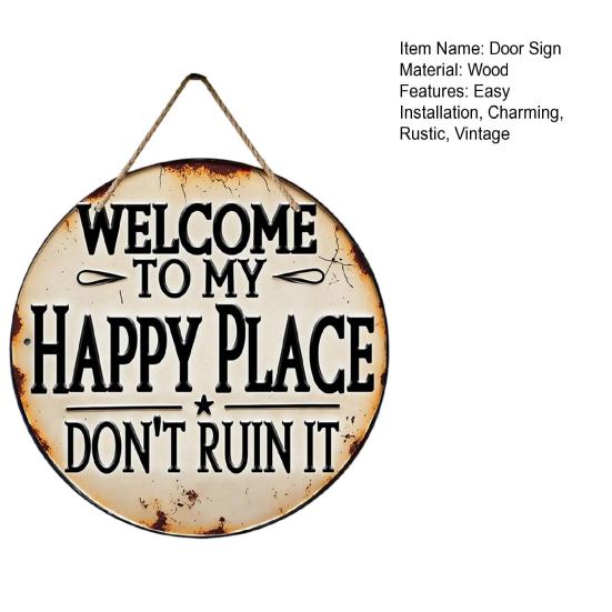 Funny Garden Wooden Sign Vintage This Is My Happy Place Welcome Round Sign Farmhouse Rustic Hanging Wall Decor for Home Bar Patio Man Cave
