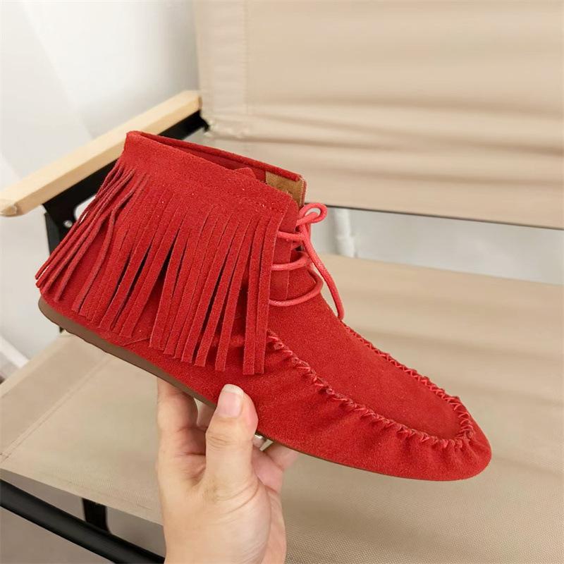 

Модные женские ботильоны AIYUQI из натуральной кожи, новинка 2025 года, плоские нескользящие ковбойские ботинки, женские ботильоны с кисточками большого размера 43