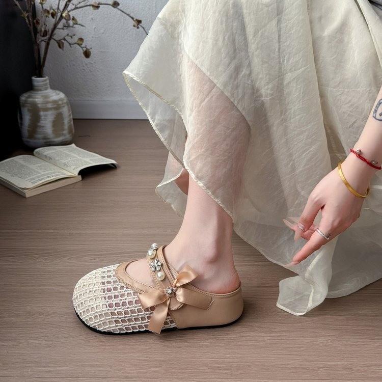 Baotou wears half slippers outside, women's summer 2025 new mesh breathable slippers, thick-soled one-pedal beaded cool slippers