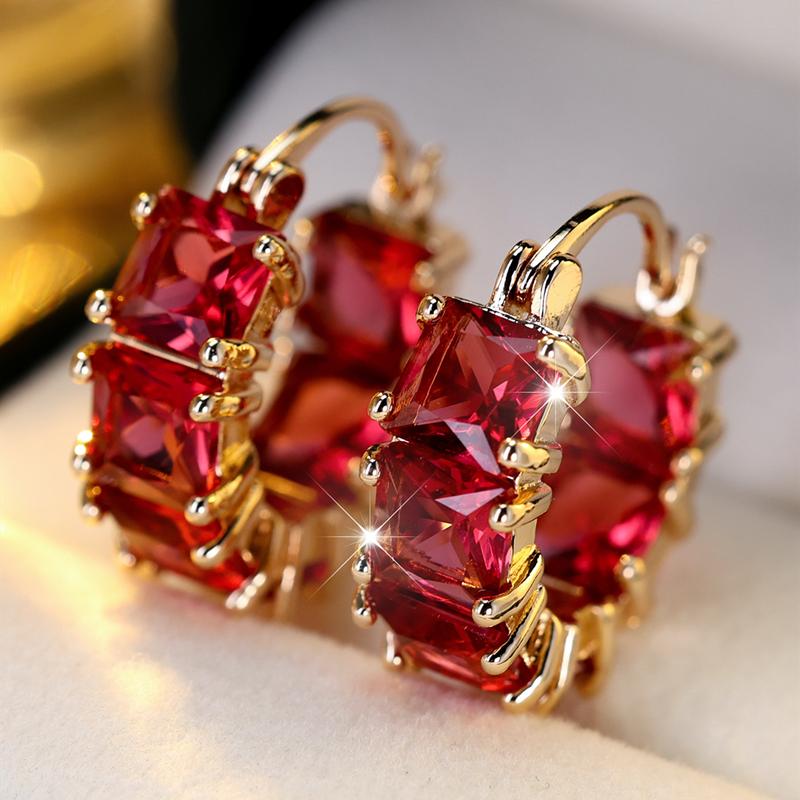 

1 пара серег-колец с геометрическим узором из белого, синего, фиолетового и зеленого циркония для женщин и девочек, корейские модные украшения, аксессуары для вечеринок красный/золотой
