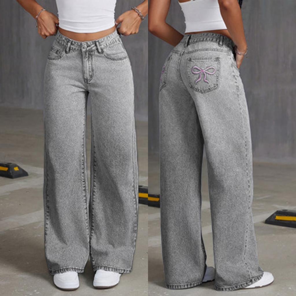 Girls High Waist Straight Leg Jeans with Embroidery Loose Fit Casual Pants