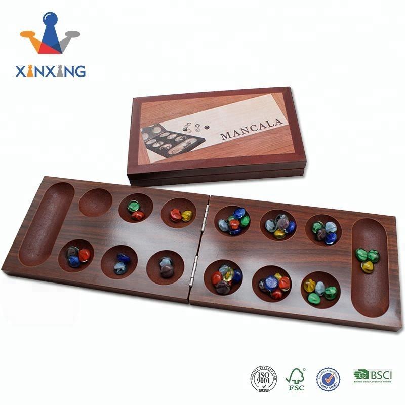 Mancala Game, Solid Wood Folding Mancala Board Game Travel Game with Glass Beads