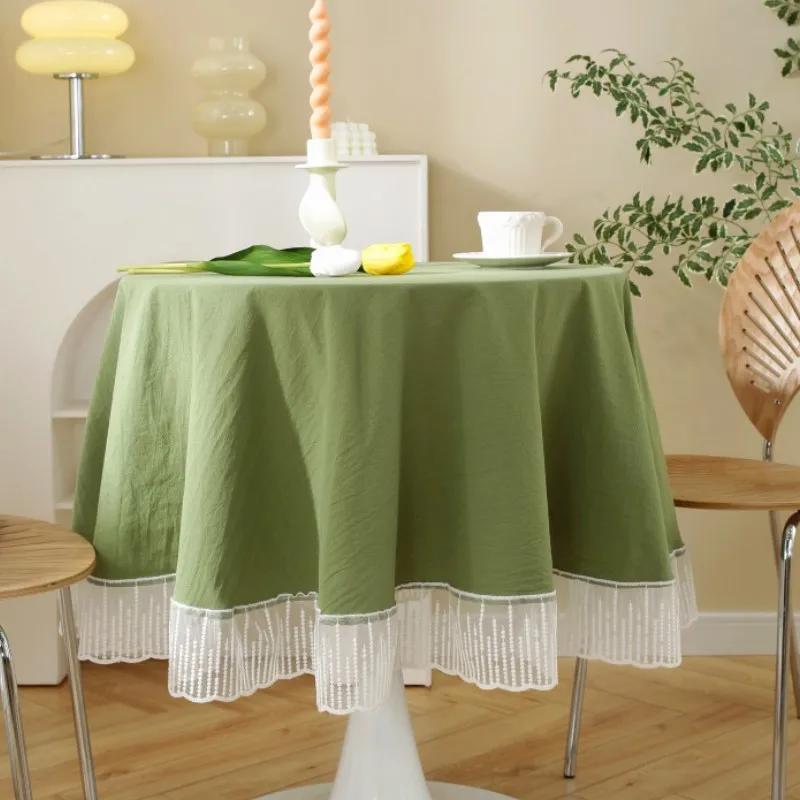 Round Tablecloth With Elegant Lace Edge Cotton Fabric Kitchen Decor Party Grace Table Decoration Dustproof  Machine Washable