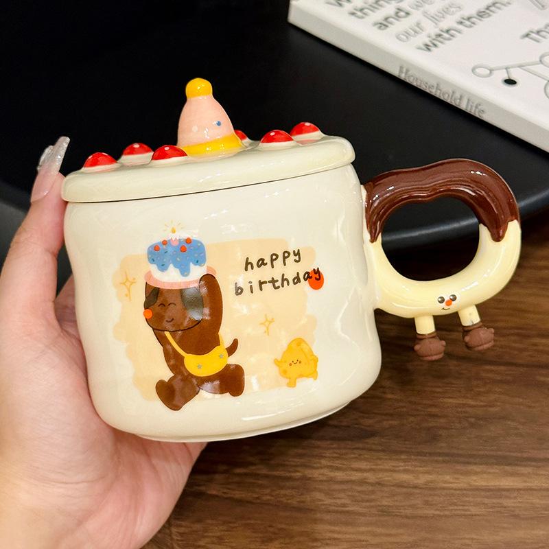 Cute Cat And Dog Ceramic Mug With Lid Creative Birthday Gift Cup Girl Heart Home Coffee Cup Souvenir