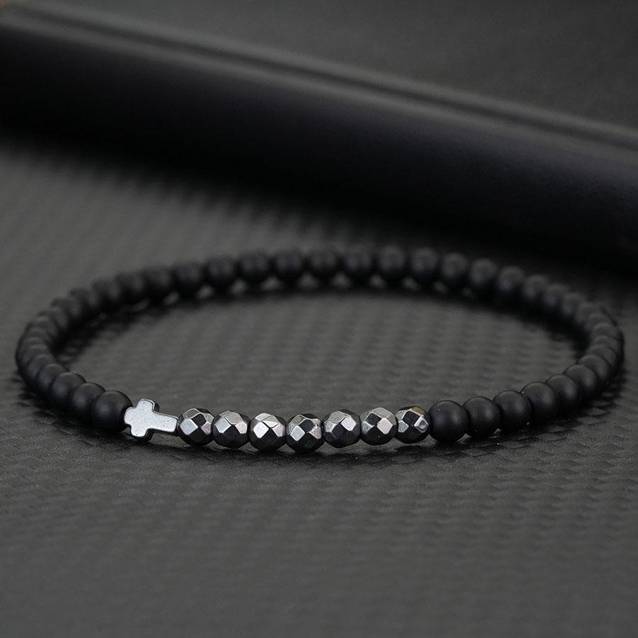 Fashion 4mm Beads Men Cross Bracelet Multi Sided Black Gallstones Healing Braclet Rosary Lava Howlite Hematite Braslet Hombre оникс