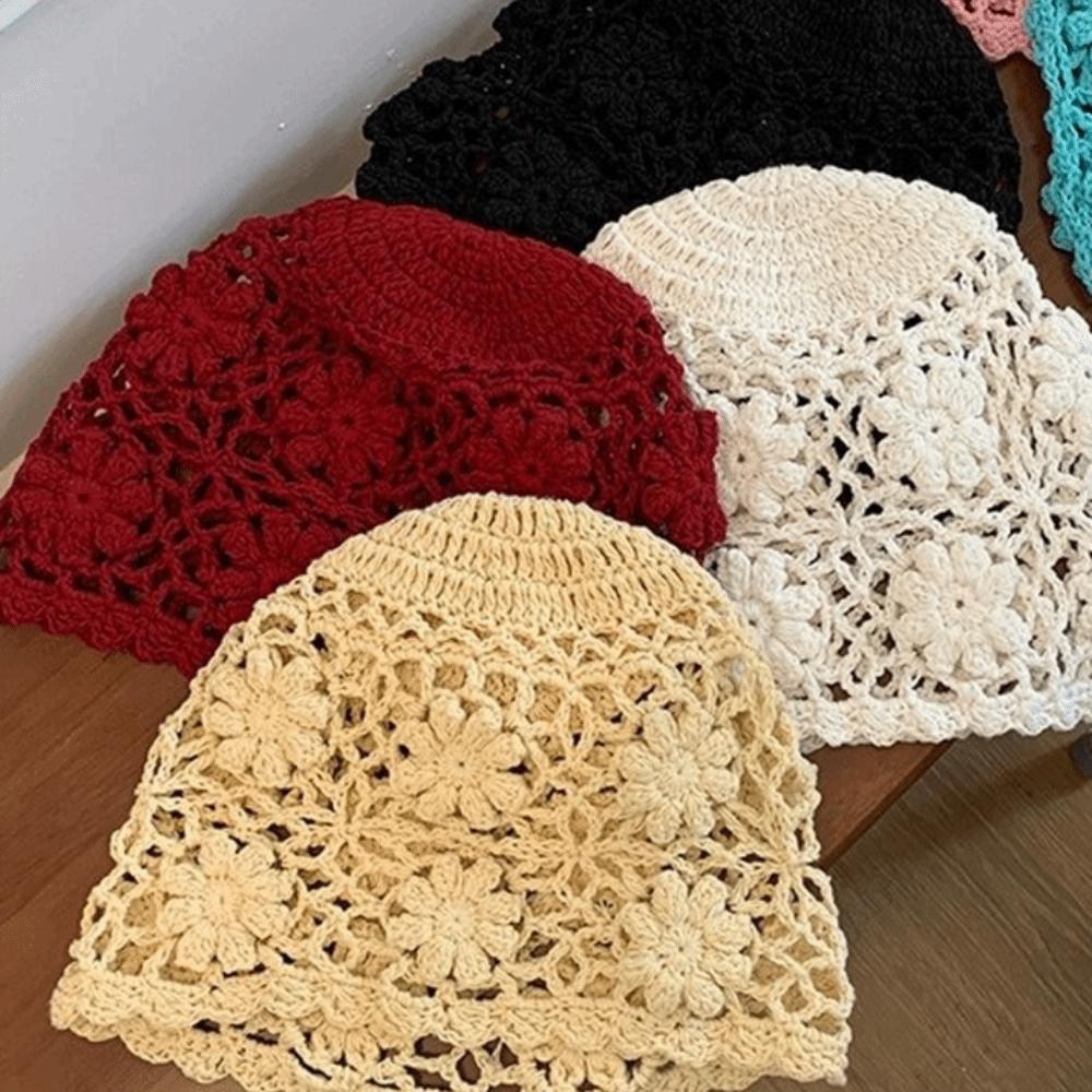 Hollow Knit Basin Caps Handmade Beanies Cap Korean Crochet Flower Hat  Outdoor